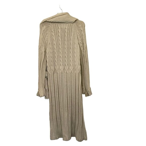 Vintage Partners Hippy Women Med  Beige Sweater Maxi Coat Long Cable Knit Scarf - Picture 2 of 5